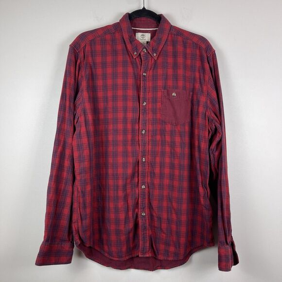 Timberland Mens Shirt Button Down Red Plaid Large 100% Cotton Utility Outdoor - Picture 1 of 8